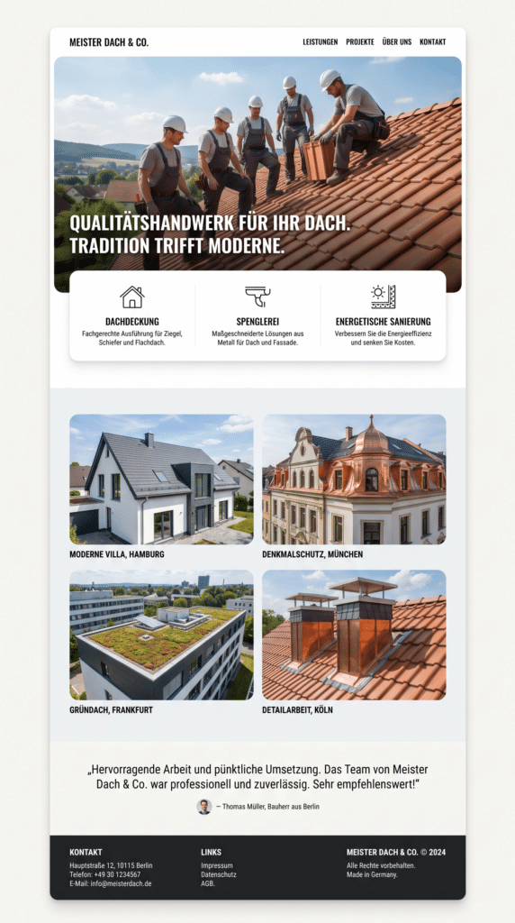 Komplette Startseite einer Website fuer einen Dachdeckerbetrieb