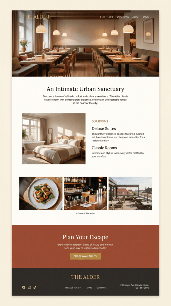 Komplette Startseite einer Website fuer ein Boutique-Hotel mit Restaurant